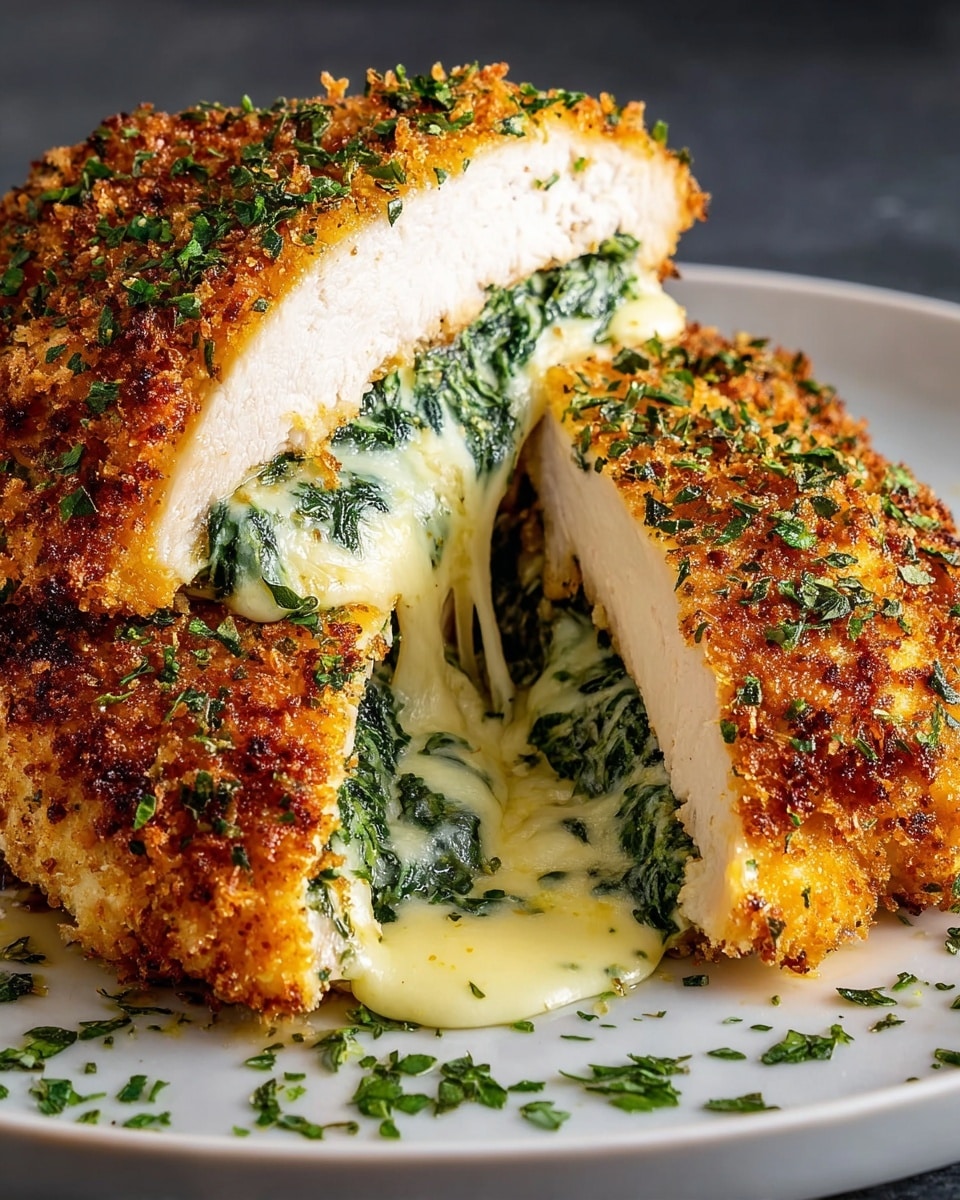 The image shows a close-up of a breaded and fried chicken breast cut into sections, revealing three clear layers. The outer layer is a golden-brown crispy breaded crust sprinkled with green herbs. Inside, there is a thick white chicken meat layer. The innermost layer is a creamy, melted cheese mixed with green spinach, oozing out onto the white marbled surface beneath. The chicken pieces are arranged on a white plate, and some green herbs are scattered around the plate edge. photo taken with an iphone --ar 4:5 --v 7