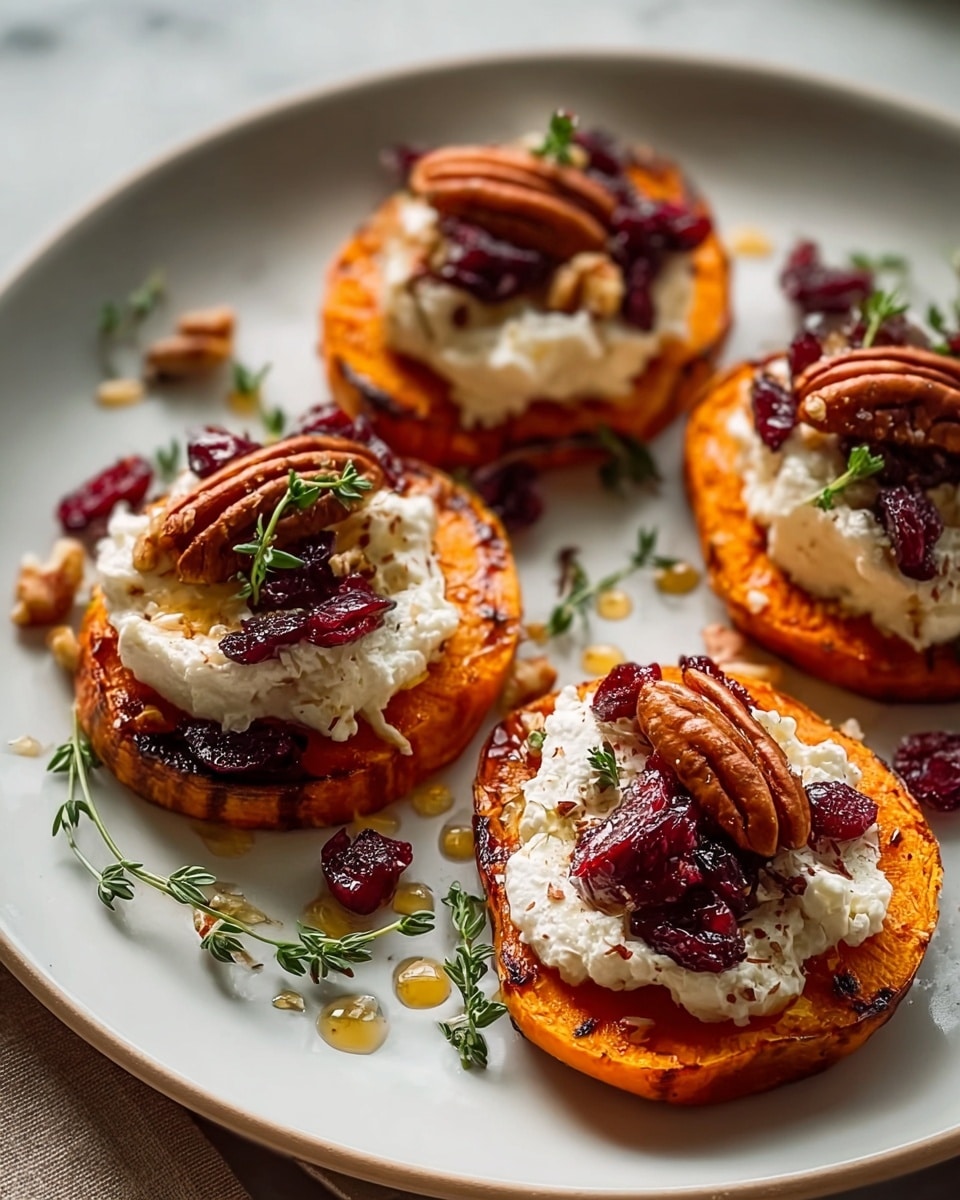 The dish shows four thick, round slices of orange roasted sweet potato placed on a white plate, each slice with a golden brown seared edge. On top of each slice, there is a generous dollop of white creamy cottage cheese with a soft, lumpy texture. The cottage cheese is topped with a mix of deep red dried cranberries, small pieces of crushed brown pecans, and a single whole pecan. A small sprig of fresh green thyme decorates each serving, adding a touch of color. There are scattered drops of honey around the plate, adding a shiny golden glaze and some extra dried cranberries and thyme sprigs around as decoration. The plate sits on a white marbled surface. photo taken with an iphone --ar 4:5 --v 7