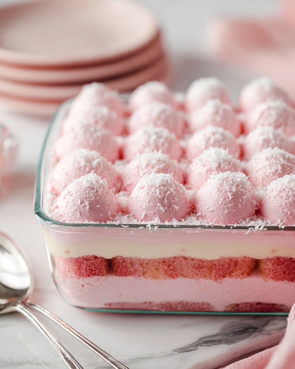 The dessert is shown in a clear glass rectangular dish with a total of three visible layers. The bottom layer consists of soft, reddish-pink cake pieces soaked with syrup, forming the base. Above that is a thick, smooth layer of light pink cream filling, followed by another thin layer of soaked cake similar to the first. The dish is topped with round, fluffy dollops of pale pink whipped cream, arranged in neat rows covering the entire surface. A dusting of white coconut flakes is sprinkled evenly over the top, adding texture. The dish sits on a white marbled surface, with a shiny metal cake server partially visible nearby and a blurred background of plates and soft pink tones. Photo taken with an iphone --ar 4:5 --v 7