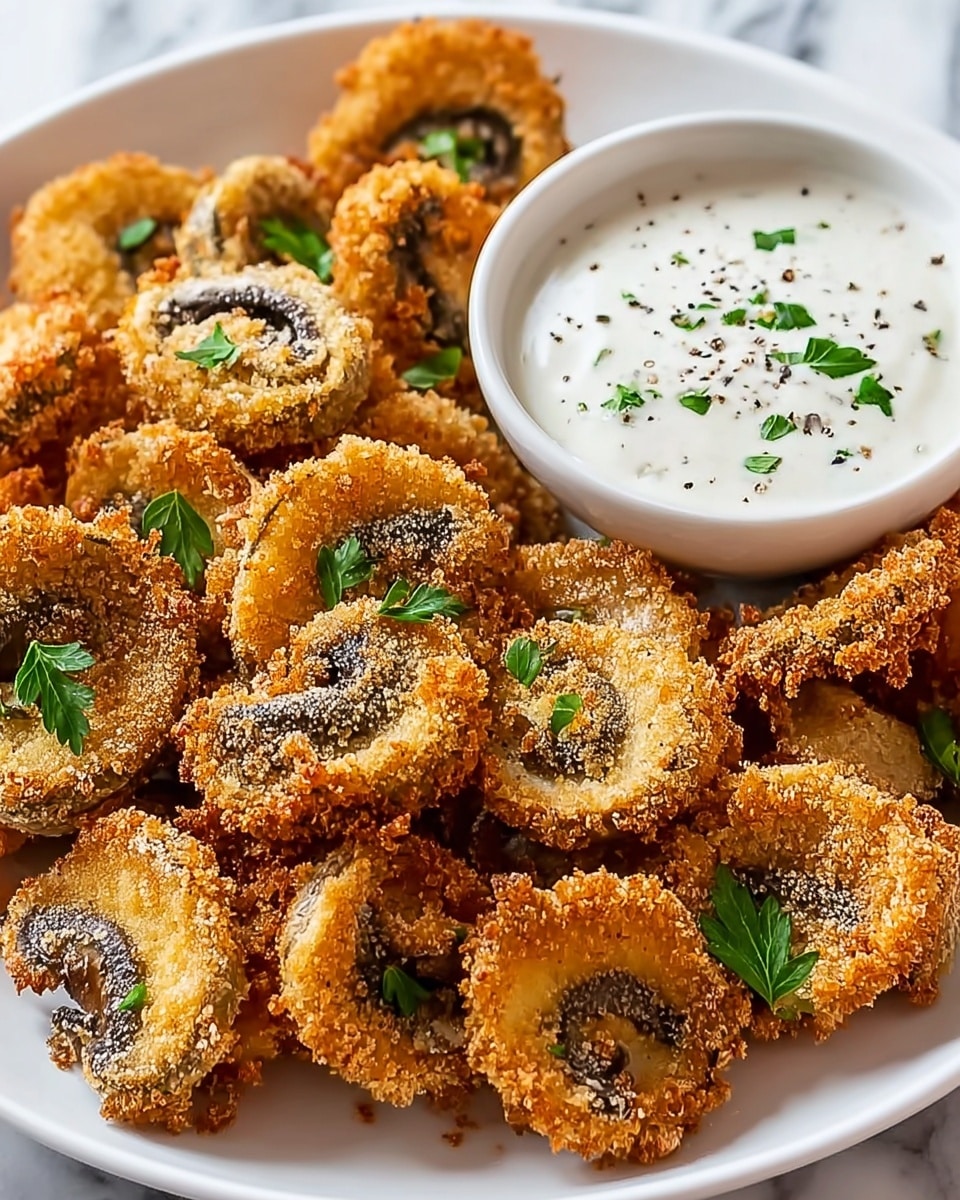 A white plate filled with many small, round, golden-brown fried mushroom slices, each coated in a crispy crumb layer with some black specks and sprinkled with small chopped green herbs. The mushrooms show a mix of light tan and dark brown inside. On the top left edge of the plate, there is a small white bowl of thick white dipping sauce with specks of black pepper and green herbs on top. The plate sits on a white marbled surface photo taken with an iphone --ar 4:5 --v 7