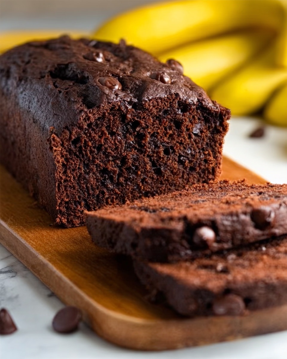 A loaf of dark chocolate bread with a soft, moist texture sits on a wooden board, with two thick slices cut and laid in front of it. The bread is studded with small chocolate chips that add texture and shine to the surface. In the background, there are blurred yellow bananas, enhancing the warm and cozy feel of the scene. The setting features a white marbled surface beneath the board. Photo taken with an iphone --ar 4:5 --v 7