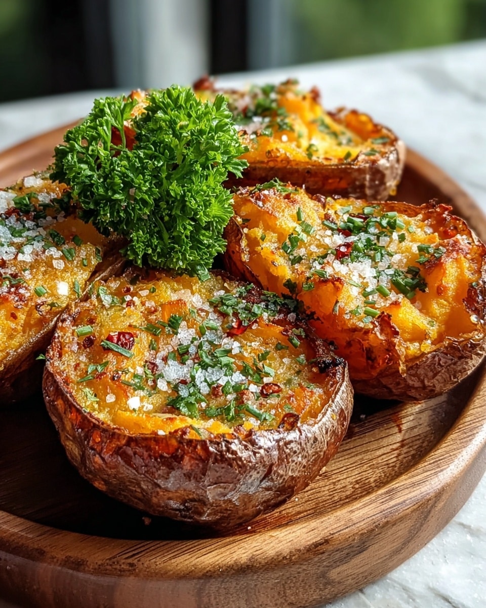 The image shows three crispy roasted potato halves placed side by side on a round wooden plate. Each potato half has a rough dark brown skin with a golden-orange mashed interior, slightly browned on top from roasting. The surface of the potatoes is sprinkled with coarse white sea salt, finely chopped green herbs, and small red chili flakes. One potato half is topped with a small bunch of curly green parsley, adding a fresh look. The wooden plate is on a white marbled textured surface with soft natural light highlighting the textures and colors. Photo taken with an iphone --ar 4:5 --v 7