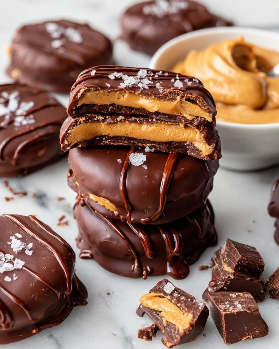 The image shows thick chocolate-covered peanut butter cookies stacked in the center on a white marbled surface. The top cookie is cut in half, revealing two creamy, smooth, golden peanut butter layers inside. Each cookie is coated in a shiny dark chocolate layer with thin drizzle lines and a few flakes of sea salt sprinkled on top. Around the main stack, whole cookies and broken pieces of chocolate are scattered. In the background, on the right side, there is a white bowl filled with creamy peanut butter, with a smooth texture and a slight swirl. Photo taken with an iphone --ar 4:5 --v 7