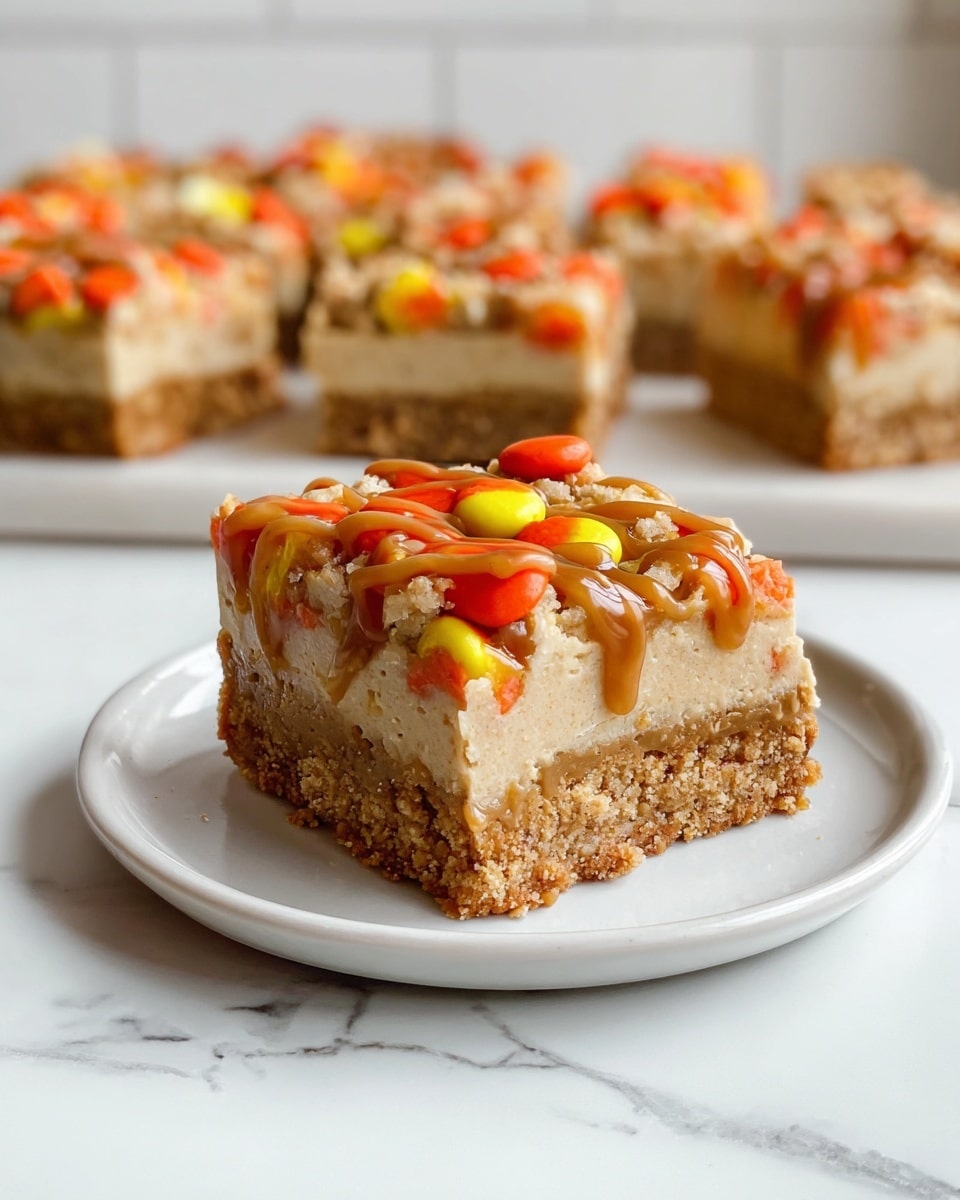 A square dessert bar sits on a white plate placed on a white marbled surface. The bar has three visible layers: a thick crumbly golden-brown crust base, a smooth light beige creamy middle layer, and a top layer studded with orange and yellow candy pieces. The top is drizzled generously with a caramel-colored sauce that slightly spills over the edges. In the background, more of the same dessert bars are out of focus, arranged on the same white marbled surface. The photo taken with an iphone --ar 4:5 --v 7