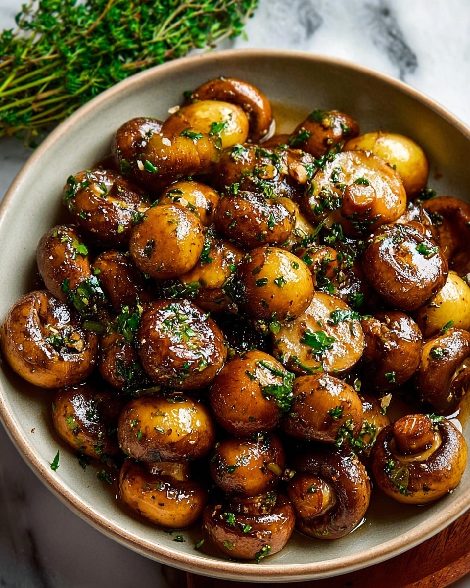 A round bowl filled with about three layers of small whole and halved cooked mushrooms, each mushroom showing a golden brown color with a shiny glaze of sauce, sprinkled with finely chopped green herbs. The mushrooms are closely packed and glisten with slight oil, showing soft and slightly wrinkled textures. The bowl is placed on a white marbled surface with a small bunch of green herbs on the side. Photo taken with an iphone --ar 4:5 --v 7