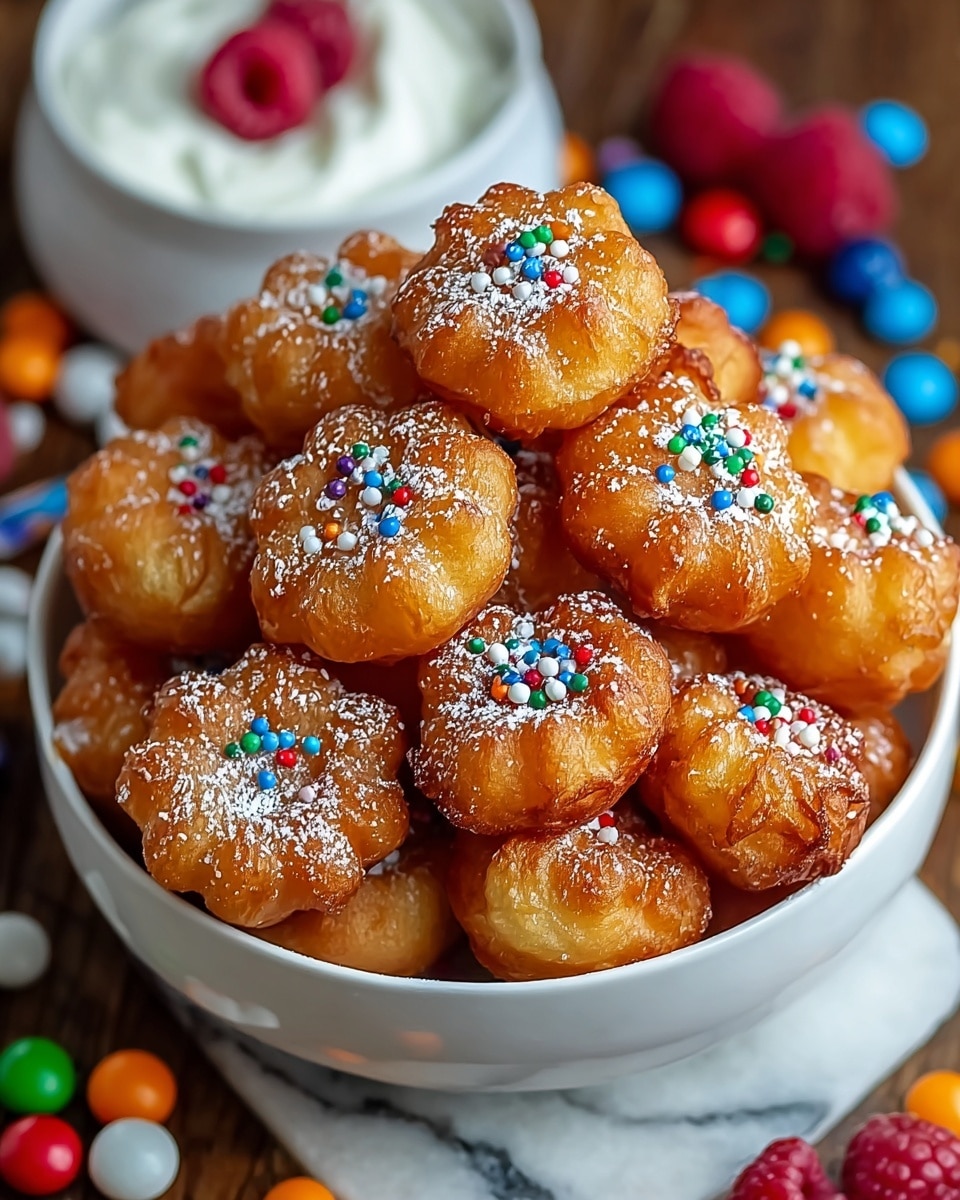 A white bowl filled with many small, golden brown, flower-shaped mini donuts stacked on top of each other. Each mini donut is dusted with white powdered sugar and decorated in the center with tiny colorful round sprinkles in blue, green, red, and white. The bowl is placed on a wooden surface with scattered colorful small candy balls and some raspberries around it, all set on a white marbled texture. The donuts have a crispy, slightly shiny surface and soft looking texture inside. photo taken with an iphone --ar 4:5 --v 7