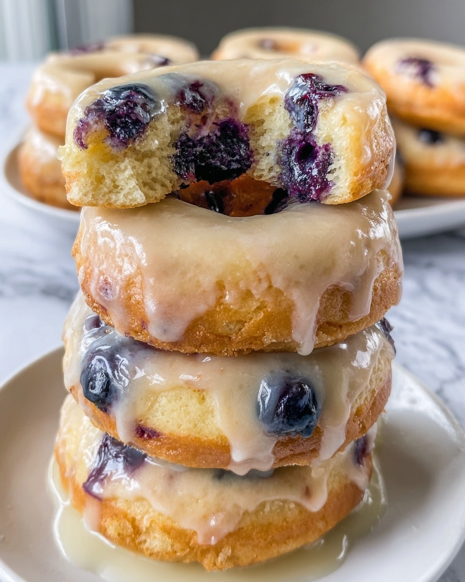 A close-up of a stack of four blueberry glazed donuts on a white plate set on a white marbled texture. The donuts have a soft golden-brown color with visible blueberries inside the dough, adding splashes of deep purple and blue. The top donut is broken in half, showing its fluffy and moist inside texture with blueberries embedded. Each donut is thickly coated with a smooth, creamy, light beige glaze that drips slightly down the sides, reflecting soft light. The stack forms a neat vertical line, with more donuts blurred in the background. photo taken with an iphone --ar 4:5 --v 7
