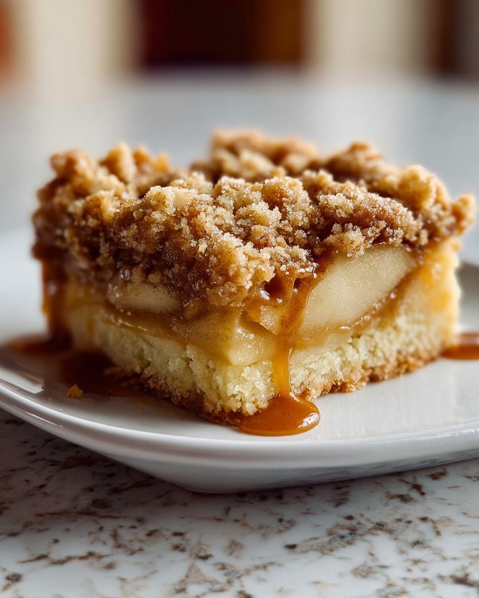A single square piece of apple crumb cake sits on a white plate, placed on a white marbled surface. The cake has three clear layers: the bottom layer is a light golden crumbly crust, the middle layer is filled with soft, sliced apples with a slight glaze, and the top layer is a thick crunchy crumb topping, golden brown with a slightly rough texture. A streak of shiny caramel sauce drips down the side of the cake, adding a glossy, rich contrast to the crumbly top. The background is softly blurred, focusing attention on the cake itself. photo taken with an iphone --ar 4:5 --v 7