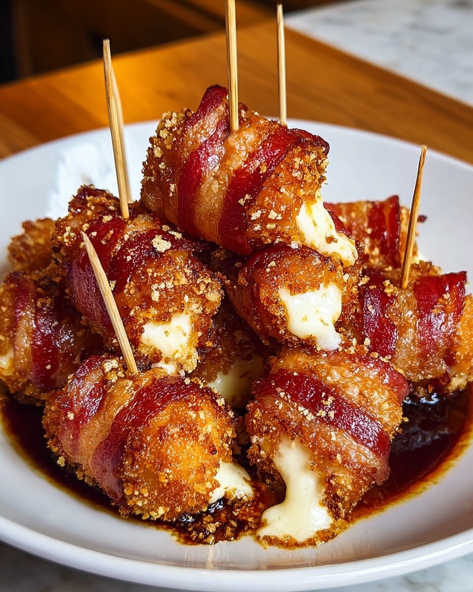 The image shows a white plate filled with several deep-fried, crispy golden-brown bites wrapped with reddish strips likely bacon, each pierced with a wooden stick. Each piece has a crunchy, textured coating with melted white cheese oozing out from the sides. The bites are piled close together, resting on a layer of dark glaze or sauce pooling at the plate's bottom. The background is a white marbled surface with a warm wooden edge visible on one side. Photo taken with an iphone --ar 4:5 --v 7
