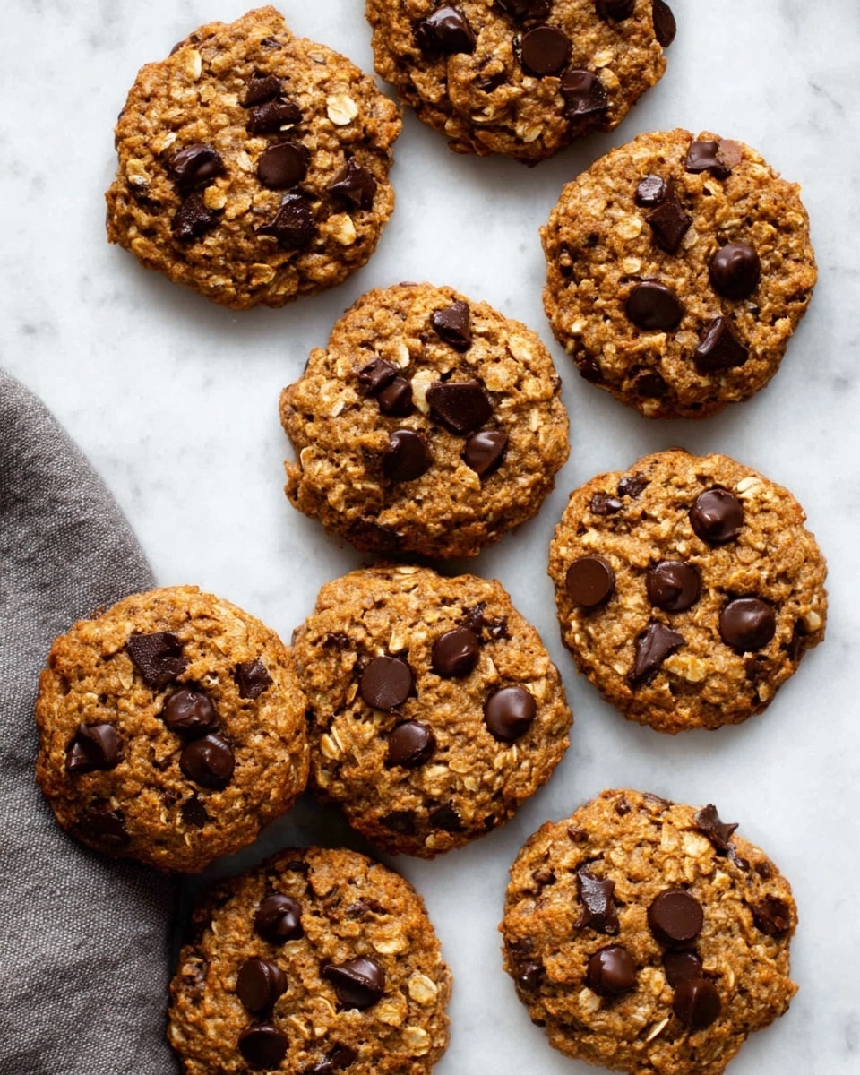 The image shows several oatmeal chocolate chip cookies arranged loosely on a white marbled surface. Each cookie is round and thick with a textured golden-brown surface showing oats embedded throughout. Dark chocolate chips are scattered on top of the cookies, adding small dark brown spots. There is a gray cloth partially under some cookies on the left side. The cookies vary slightly in size but all have a homemade, soft appearance. photo taken with an iphone --ar 4:5 --v 7