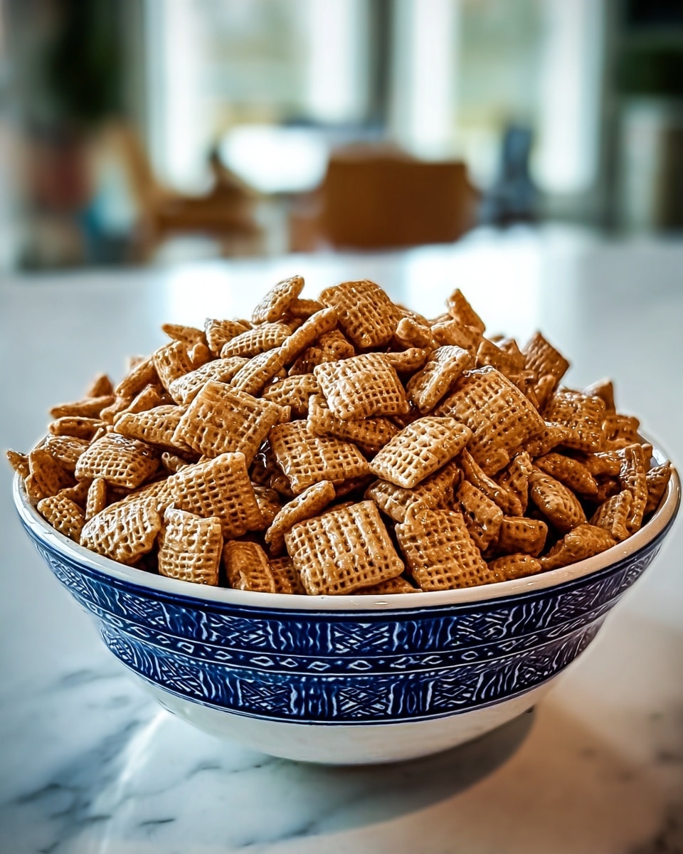 A white ceramic bowl filled to the top with plenty of small, square cereal pieces. Each cereal piece is a warm light brown color with a glossy, slightly shiny texture, featuring a crisscross pattern on the surface. The bowl is decorated with dark blue patterns along the rim and sides. The background shows a soft focus of a bright room with a white marbled surface under the bowl. photo taken with an iphone --ar 4:5 --v 7