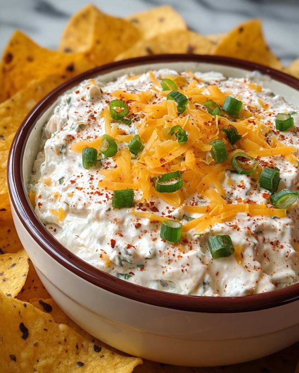 A close-up of a bowl filled with a creamy white dip topped with shredded orange cheddar cheese and chopped green onions, with a light sprinkle of red seasoning powder. The bowl is white with a brown rim, and the dip has a thick texture with visible herbs mixed in. Surrounding the bowl are yellow tortilla chips with dark spots. The dish is placed on a white marbled surface, and it looks fresh and inviting. photo taken with an iphone --ar 4:5 --v 7