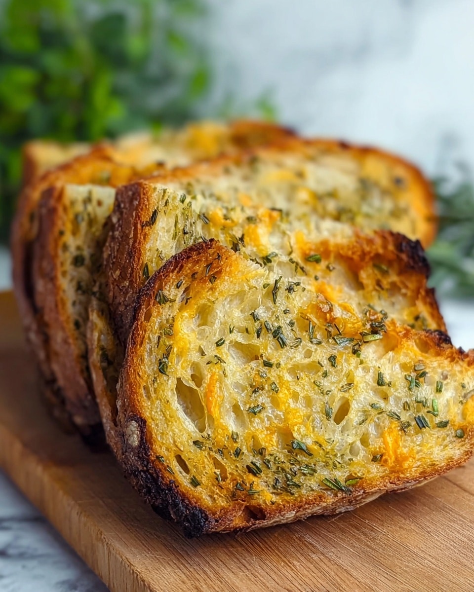 A close-up view of four slices of toasted bread stacked slightly behind each other on a wooden board, each slice showing a golden-brown crust with a slightly charred top edge and a soft interior packed with melted cheese and scattered green herbs. The cheese adds bright yellow-orange patches inside the lightly airy bread, while green herb strands are spread throughout. The background is softly blurred but shows hints of green plants. The surface beneath the wooden board has a subtle white marbled look. Photo taken with an iphone --ar 4:5 --v 7