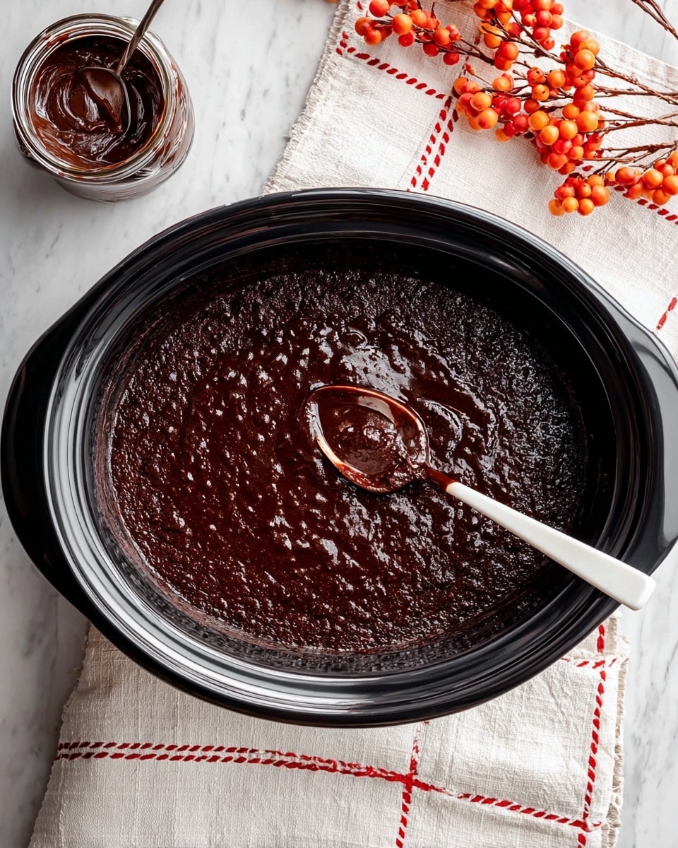 A black slow cooker filled with a thick, dark chocolate mixture with a slightly bumpy texture inside. A white spoon with some chocolate on it rests inside the mixture on the right side. Behind the slow cooker, there is a glass jar with chocolate spread on its rim. A white cloth with red stitching is placed on the right side, next to some decorative red and orange berries. The whole scene is set on a white marbled surface. photo taken with an iphone --ar 4:5 --v 7