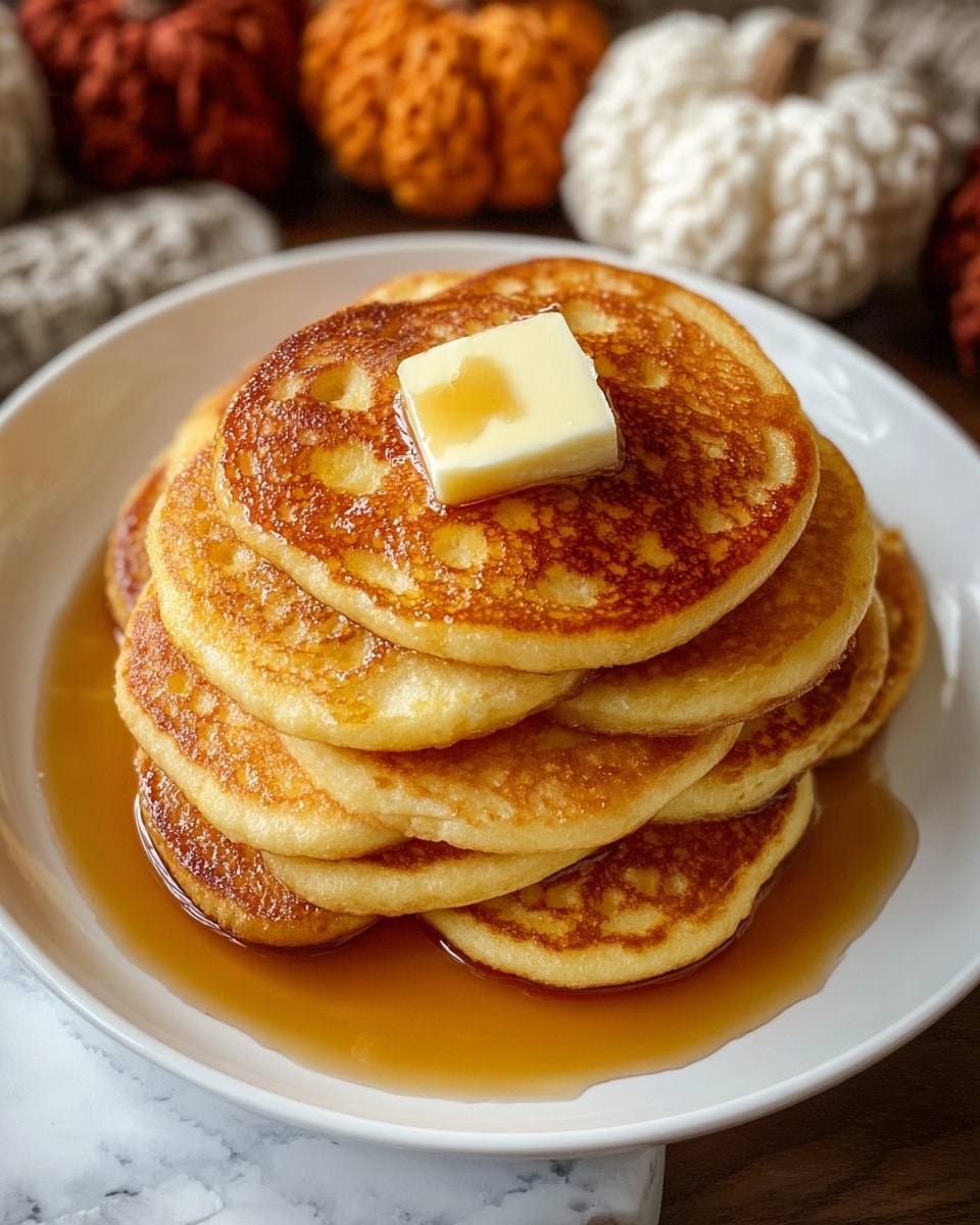 A white round plate holds a stack of seven golden brown pancakes arranged in a slightly overlapping circle. The pancakes are thick and fluffy, with a lightly browned, textured surface. On top of the stack is a single pancake crowned with a square pat of melting butter, glossy and pale yellow, surrounded by a generous drizzle of amber syrup that glistens and pools slightly on the plate below. The plate sits on a white marbled surface with some soft, knitted autumn-colored pumpkins blurred in the background. photo taken with an iphone --ar 4:5 --v 7
