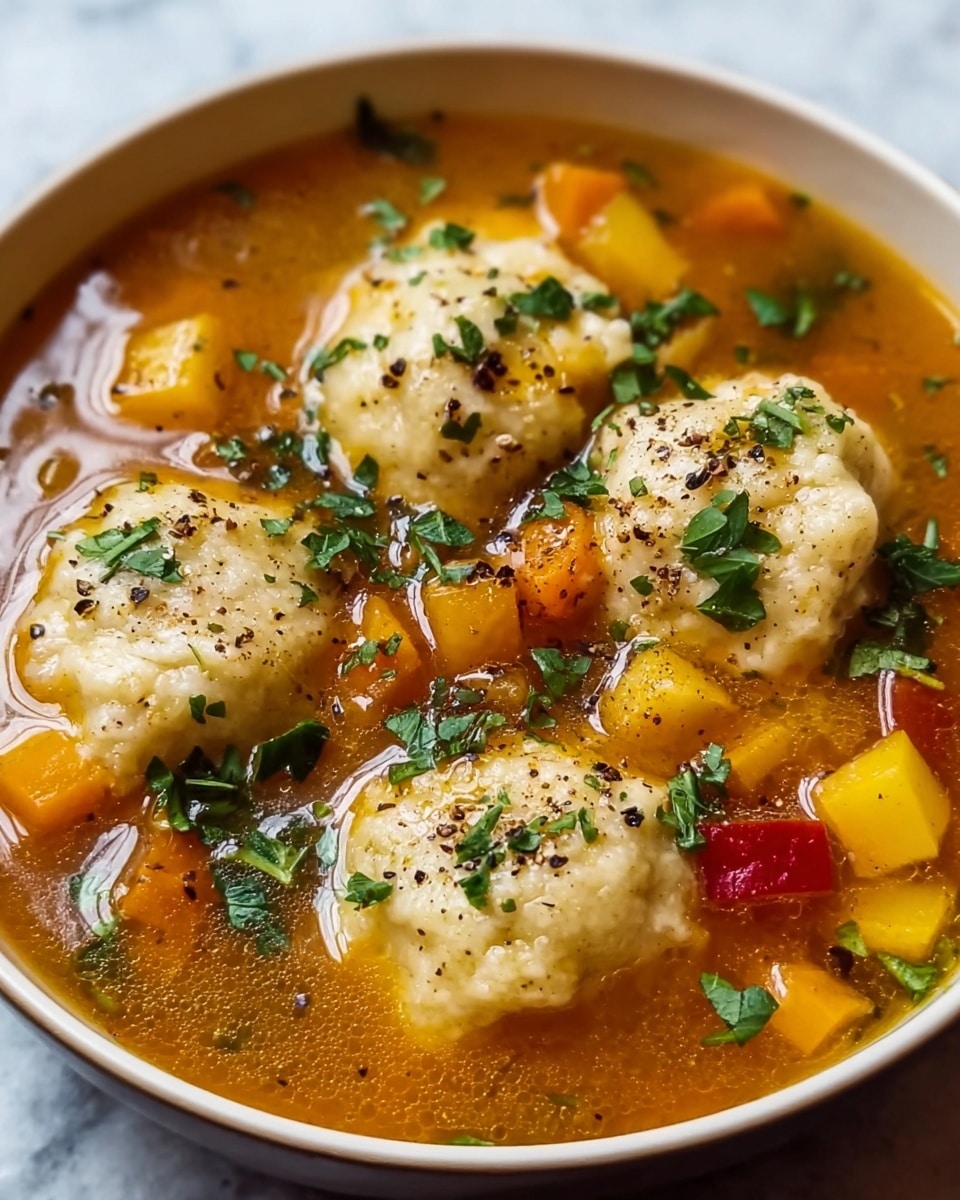 A close-up of a round white bowl filled with a warm soup featuring five soft, light beige dumplings floating on top. The soup has a rich orange-brown broth with visible small cubes of yellow and red vegetables and green herbs scattered throughout. Fresh chopped green parsley is sprinkled over the top, along with a light dusting of black pepper. The bowl sits on a white marbled surface. photo taken with an iphone --ar 4:5 --v 7