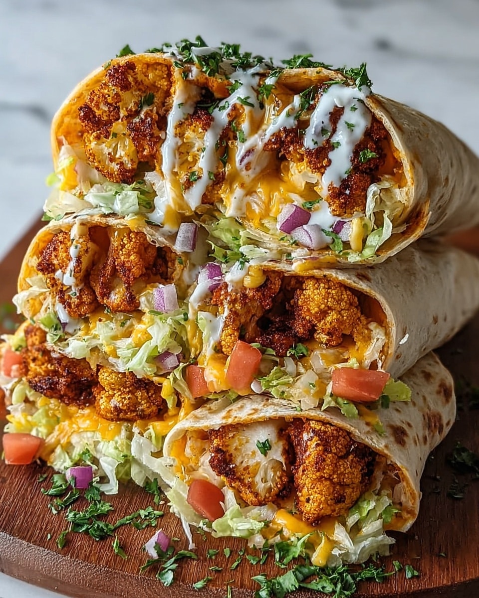 The image shows four large burritos cut in half and stacked on a wooden board. Each burrito is filled with crispy, golden-brown cauliflower pieces at the top, melted orange cheddar cheese, shredded light green lettuce underneath, and bits of tomato and red onion scattered inside and around the burritos. A drizzle of white sauce is on top of the cauliflower, and fresh green chopped herbs are sprinkled over everything. The background surface is a white marbled texture. photo taken with an iphone --ar 4:5 --v 7