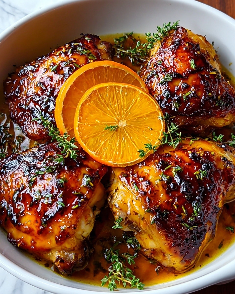 The image shows a white dish filled with three roasted chicken thighs that have a dark golden-brown crispy skin with charred spots and a glossy texture, indicating they are glazed. There are fresh green thyme leaves scattered over the chicken, adding a touch of vibrant green color. On top of the chicken pieces, there are two bright orange slices, each showing the juicy segmented texture inside. The dish holds some glossy sauce pooled at the bottom, enhancing the shine on the chicken. The background features a white marbled surface. photo taken with an iphone --ar 4:5 --v 7