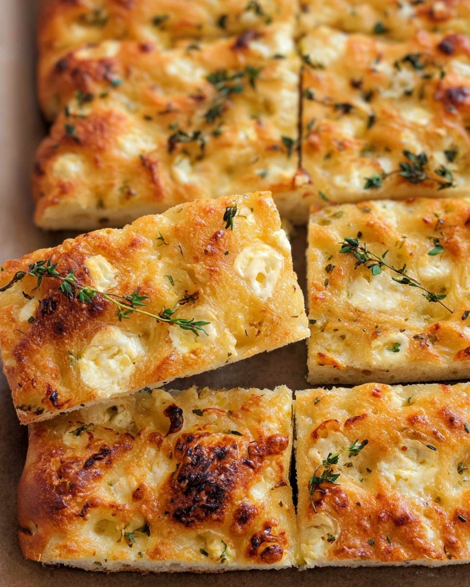 A close-up view of a focaccia bread cut into rectangular slices displayed on a baking tray. The focaccia has one thick layer, golden brown crust with bubbly, uneven texture, and topped with small melted cheese spots that are creamy white and light yellow. Sprigs of fresh green herbs, likely thyme, are scattered on top, adding contrast to the warm tones of the bread. Some areas of the crust show crispy, darker brown patches, while the inside is soft and pale cream in color. Photo taken with an iphone --ar 4:5 --v 7