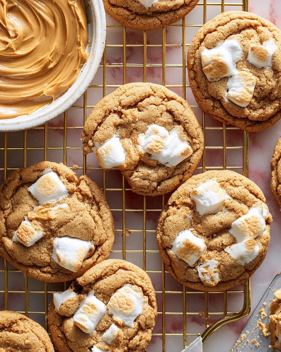 The image shows a close-up of several round cookies with a golden brown, slightly cracked top layer baked with gooey, white toasted marshmallows peeking through. Each cookie sits on a thin, square gold wire cooling rack that’s placed over a white marbled surface to replace the original red one. The cookies have a soft and chewy texture with lightly browned patches on the marshmallows, adding contrast to the smooth cookie dough. A large swirl of light brown peanut butter sits in a white bowl on the left edge, and a partial view of a metal spatula rests near the bottom right corner. The scene is bright and warm with soft natural light illuminating the textures and colors. photo taken with an iphone --ar 4:5 --v 7