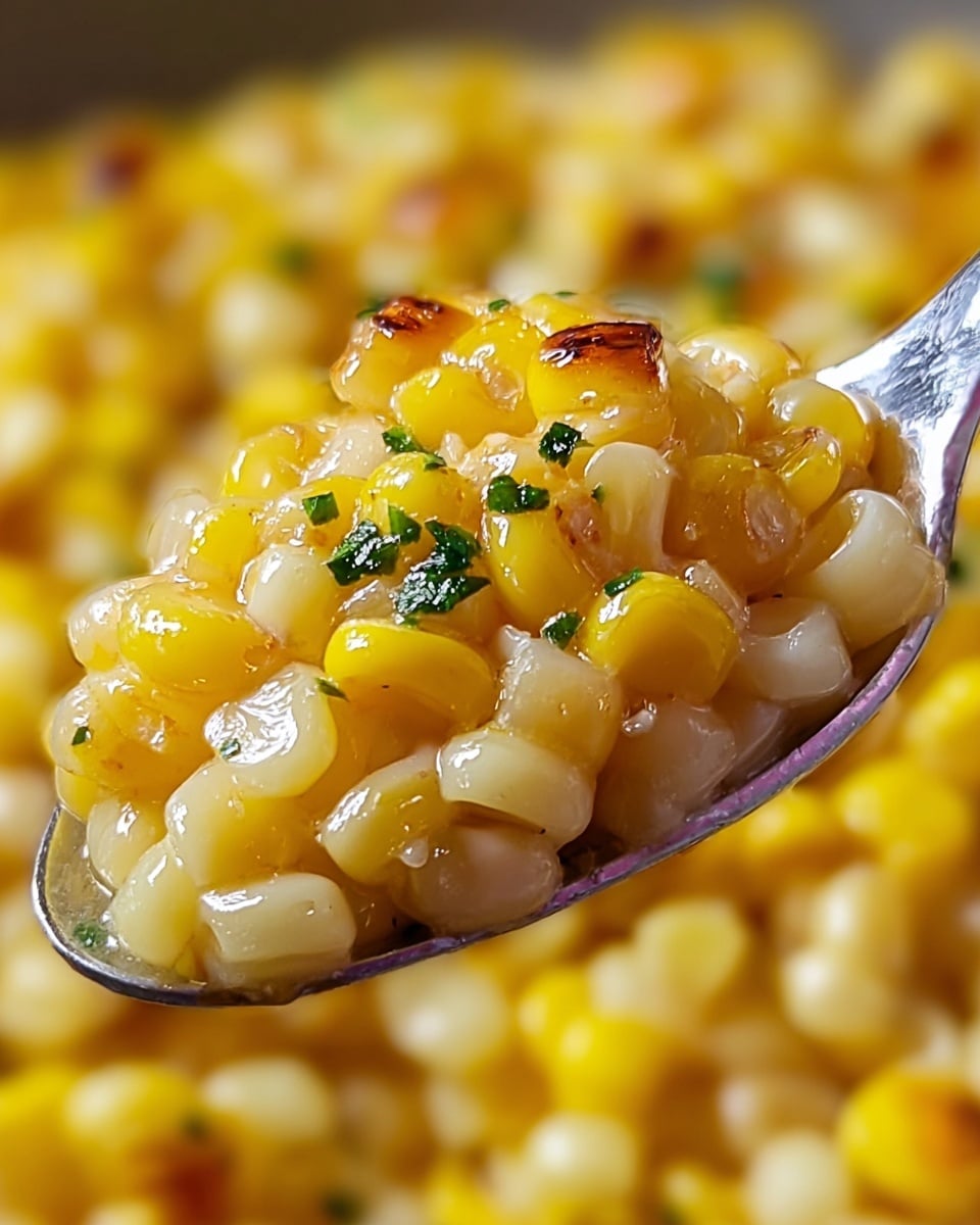 A close-up of a spoonful of cooked corn kernels showing a mix of bright yellow and creamy white colors, with slight charring spots that add a light brown texture. The kernels look shiny and moist, glistening with butter or oil, and are sprinkled with small green herb pieces on top. The background is blurred but shows more of the same cooked corn, creating a warm and inviting feel. The spoon is metallic with a smooth surface, holding the corn in the center of the image. Photo taken with an iphone --ar 4:5 --v 7