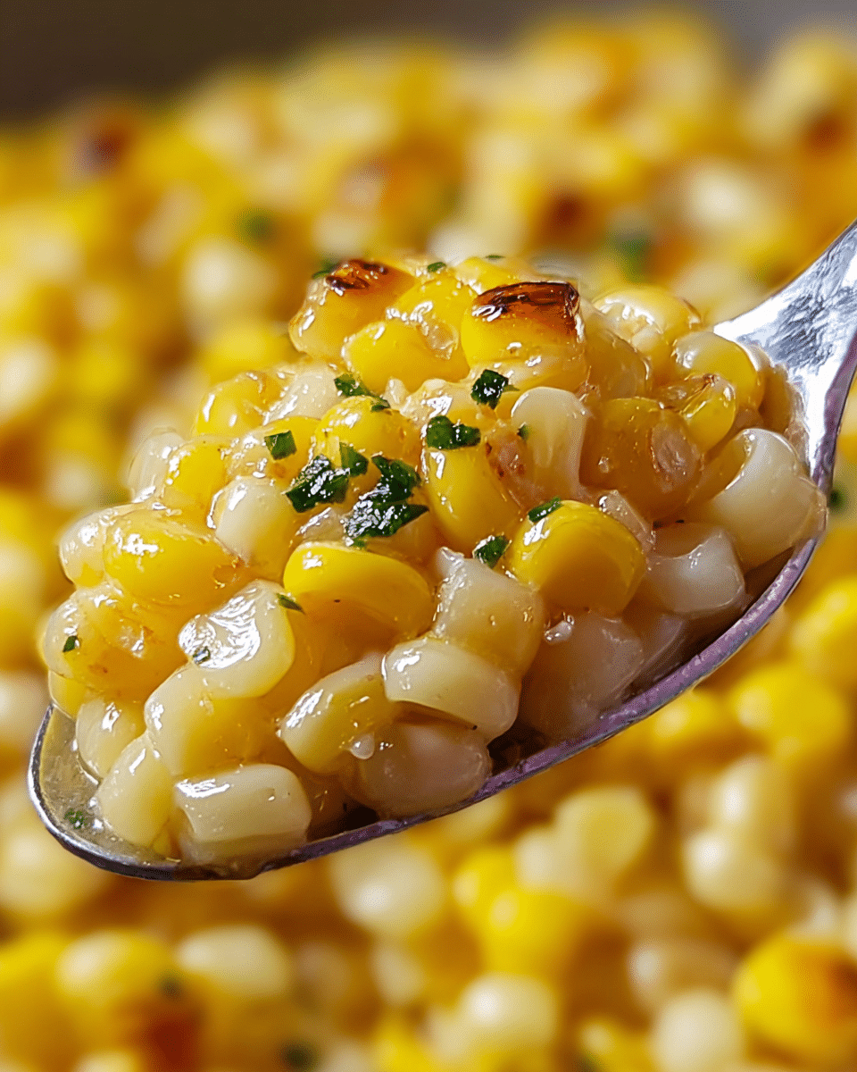 A close-up image of a spoonful of cooked corn kernels, showing three visible layers of yellow and pale white kernels with some browned spots from grilling or roasting. The corn looks glossy and juicy, coated lightly in melted butter or oil. Small green herb pieces are sprinkled on top, adding a touch of color contrast. The background is blurred but filled with more corn kernels in yellow and pale white, giving a warm and appetizing look. photo taken with an iphone --ar 4:5 --v 7