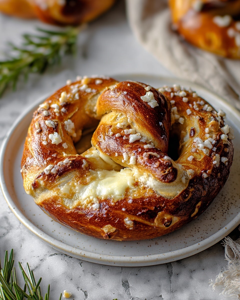 A soft pretzel with a shiny golden-brown crust and a twisted shape sits on a white plate. It has patches of melted creamy cheese oozing from the middle and a sprinkling of coarse white salt and crumbly cheese bits on top. The soft inside, visible in some cracks, is light beige and fluffy. The pretzel is placed on a white marbled surface with a sprig of rosemary nearby, adding a touch of green to the scene. The photo taken with an iphone --ar 4:5 --v 7