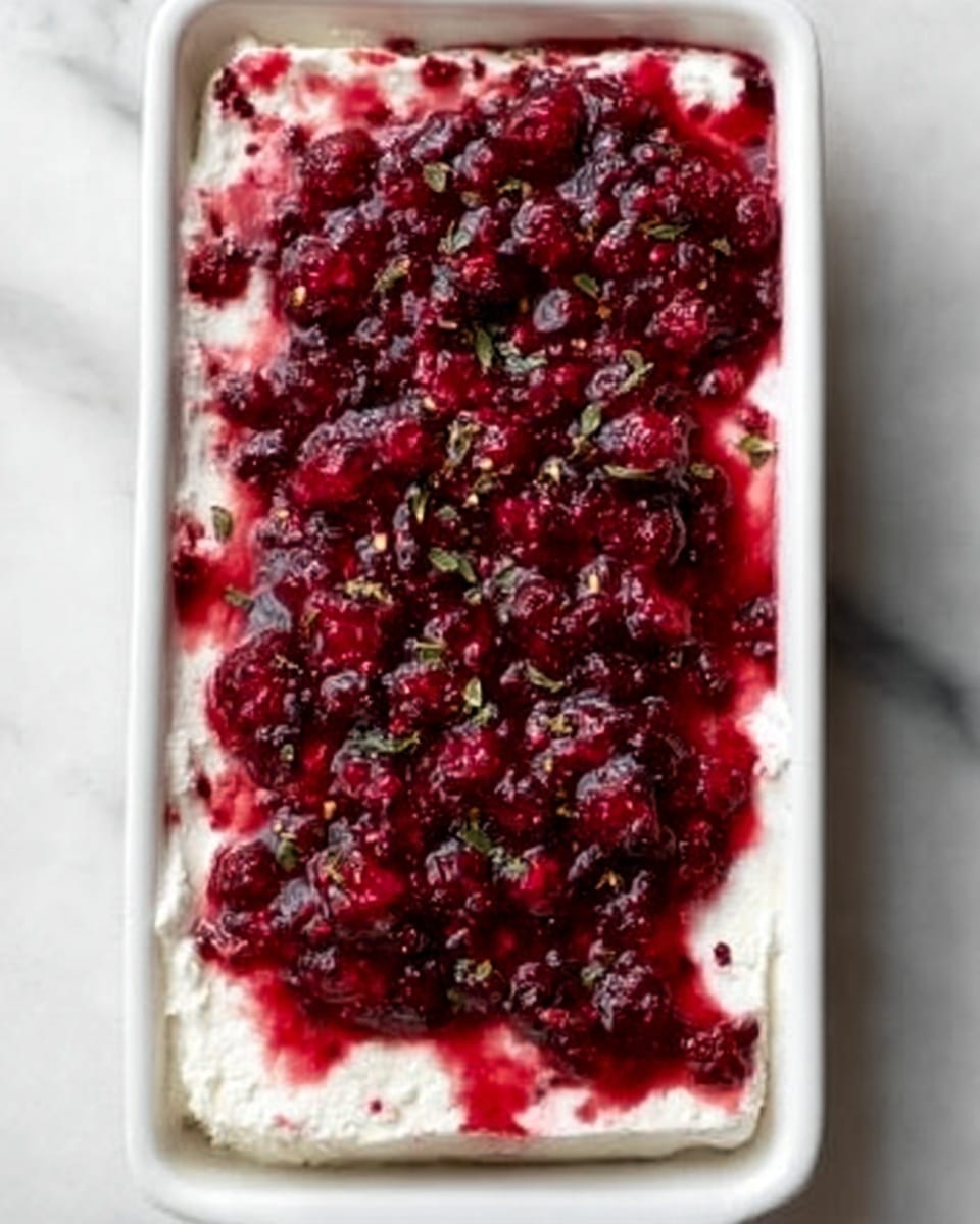 The image shows a rectangular white dish filled with a two-layer dessert. The bottom layer is thick, white, and creamy with a soft texture, covering the entire base evenly. The top layer is a bright red and dark berry mix, appearing juicy and glossy with small seeds and pieces of berries scattered all over, creating a rough texture. The dessert contrasts well with the white marbled surface below the dish, giving a fresh and clean look. Photo taken with an iphone --ar 4:5 --v 7