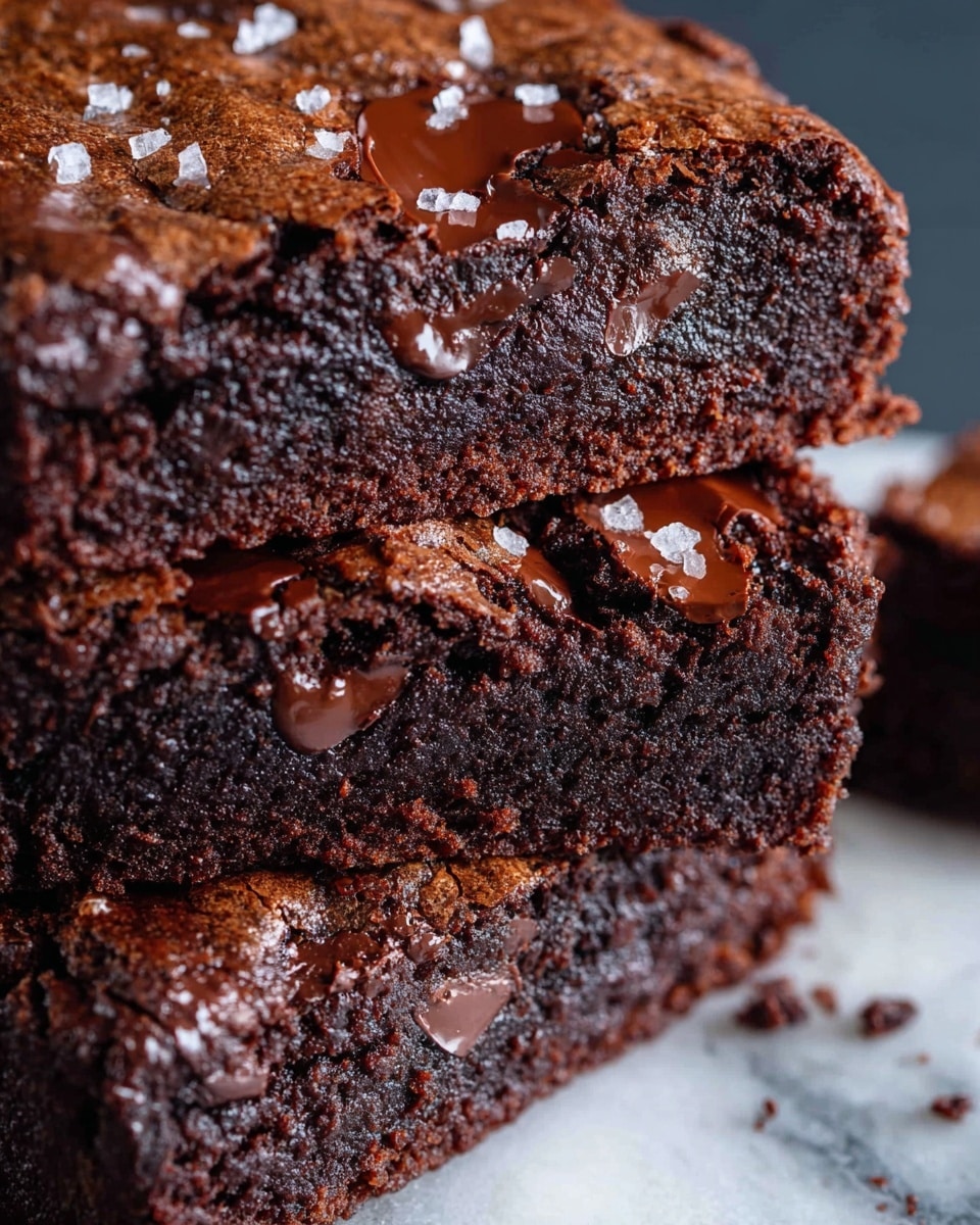 The image shows a close-up of a rich, dark brown chocolate brownie cut into thick rectangular pieces stacked on each other. The top layer has a shiny, slightly cracked surface with glossy melted chocolate chunks and some coarse sea salt sprinkled over. The texture looks moist and dense inside with visible pockets of melted chocolate spread throughout the layers. The background is a white marbled surface. photo taken with an iphone --ar 4:5 --v 7