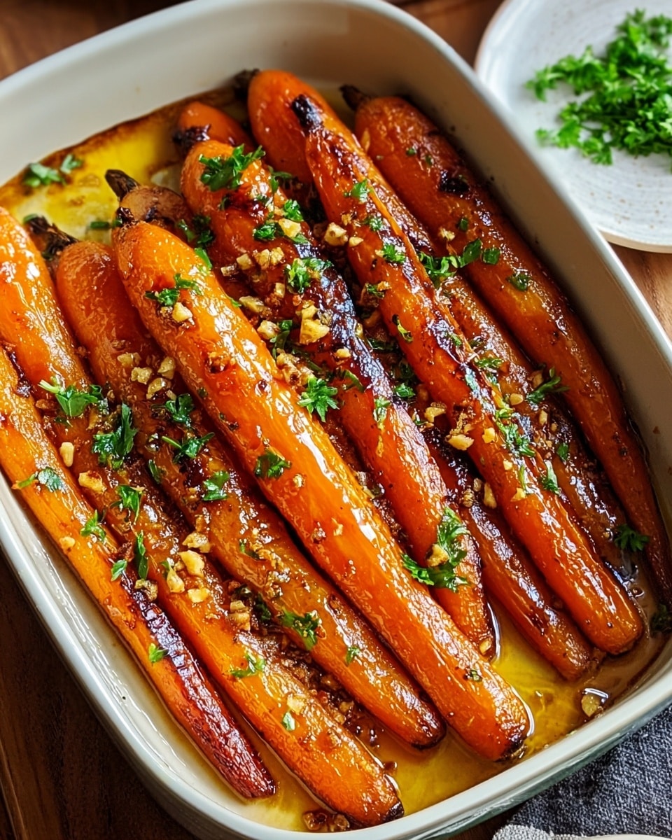 The image shows a close-up of eight roasted carrots arranged in a single layer inside a white baking dish. The carrots have a shiny, caramelized golden-orange color with charred spots, giving them a glazed and slightly crispy texture. Small green parsley pieces are sprinkled evenly on top, adding a fresh contrast to the warm tones of the carrots. There are also small bits of toasted garlic or nuts scattered on the carrots, enhancing the texture. The baking dish sits on a wooden surface, next to a plate with a small bunch of fresh parsley on a white marbled texture. Photo taken with an iphone --ar 4:5 --v 7