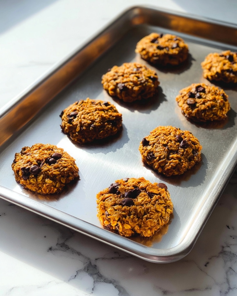 Eight round, thick cookies sit on a silver baking tray, each cookie showing a rough, textured surface full of golden-brown oats and dark chocolate chips scattered throughout. The cookies are spread out loosely in two rows, some closer together along the edges. The tray rests on a white marbled surface that is softly lit with natural light, creating gentle shadows under the cookies and along the tray’s edges. The overall look is warm and homemade. photo taken with an iphone --ar 4:5 --v 7