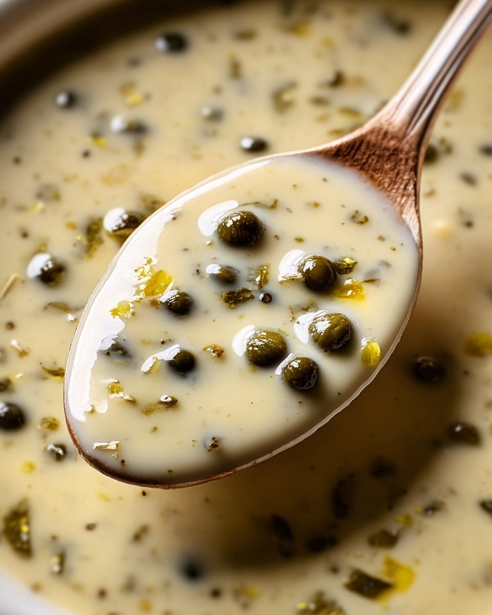 A close-up image showing a spoon filled with creamy green peppercorn sauce. The sauce is light beige with a smooth, thick texture. Small green peppercorns are scattered throughout the sauce, some whole and some slightly crushed, with tiny bits of black pepper and yellow specks mixed in. The sauce covers the spoon fully and spills slightly over its edge, the background shows more sauce in a white bowl with a smooth creamy surface. Photo taken with an iphone --ar 4:5 --v 7