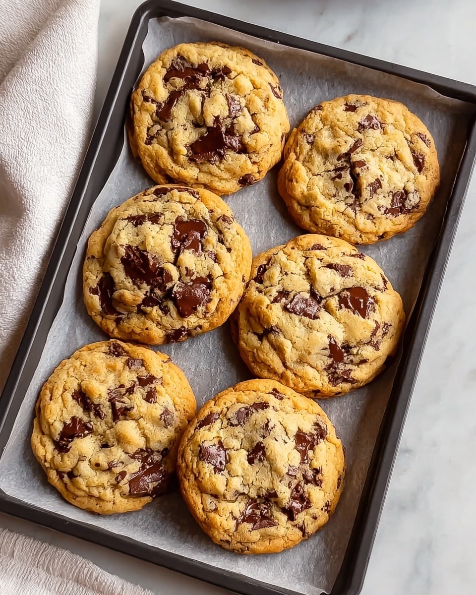 Six golden brown chocolate chip cookies with slightly cracked tops show rich, melted dark chocolate chunks scattered throughout. They rest on light gray parchment paper inside a black baking tray. The cookies have a soft, slightly chunky texture with uneven edges and some shines from the melted chocolate, giving them a homemade look. The tray is placed on a white marbled surface with a white towel partly visible nearby. Photo taken with an iphone --ar 4:5 --v 7