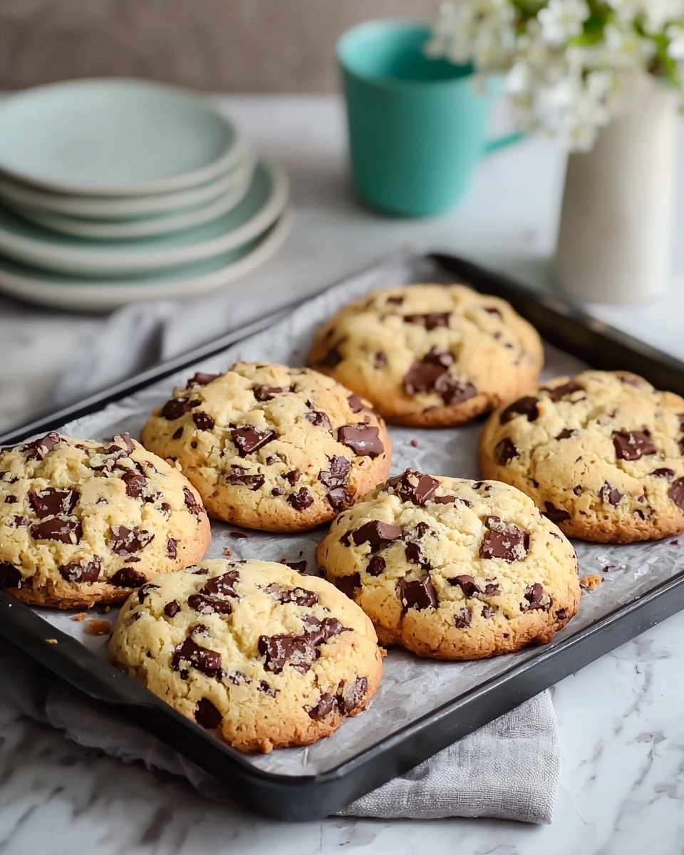 The image shows six round, thick chocolate chip cookies arranged closely together on a black baking tray lined with light gray parchment paper. Each cookie is golden brown with a slightly crispy edge and soft middle, studded generously with dark brown chocolate chunks and chips. The surface around the cookies has a soft, crumbly texture with small cracks and scattered chocolate bits. In the background, there is a stack of white plates on the left, a teal cup slightly out of focus in the center, and a white vase with white flowers on the right, all set on a white marbled texture. photo taken with an iphone --ar 4:5 --v 7