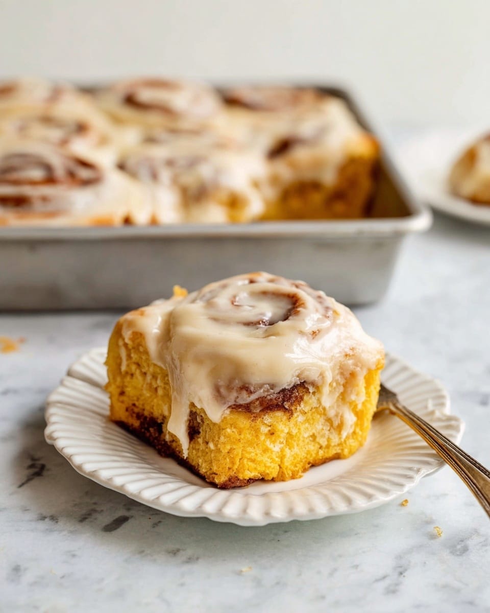 A close-up slice of a cinnamon roll sits on a white scalloped plate. The roll has three visible layers: a bright golden yellow soft dough at the bottom, a swirled middle layer of dark brown cinnamon filling, and a thick top layer of creamy beige icing slowly melting over the edges. In the background, a metal pan holds several more cinnamon rolls covered with the same icing. The surface beneath is a white marbled texture, giving a clean and bright feel. Photo taken with an iphone --ar 4:5 --v 7