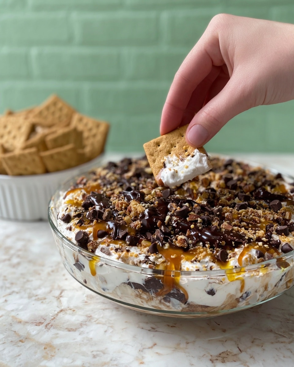 A clear glass bowl filled with a layered dip, showing a creamy white base topped with drizzles of golden caramel and dark chocolate sauce, sprinkled generously with small dark chocolate chips and crushed nuts with brown and beige tones. A woman's hand is holding a small square graham cracker dipped into the mixture, covered with the same creamy white layer, caramel, chocolate chips, and nuts. In the blurred background, there is a white bowl filled with more square graham crackers on a white marbled surface with a pale green textured wall. Photo taken with an iphone --ar 4:5 --v 7