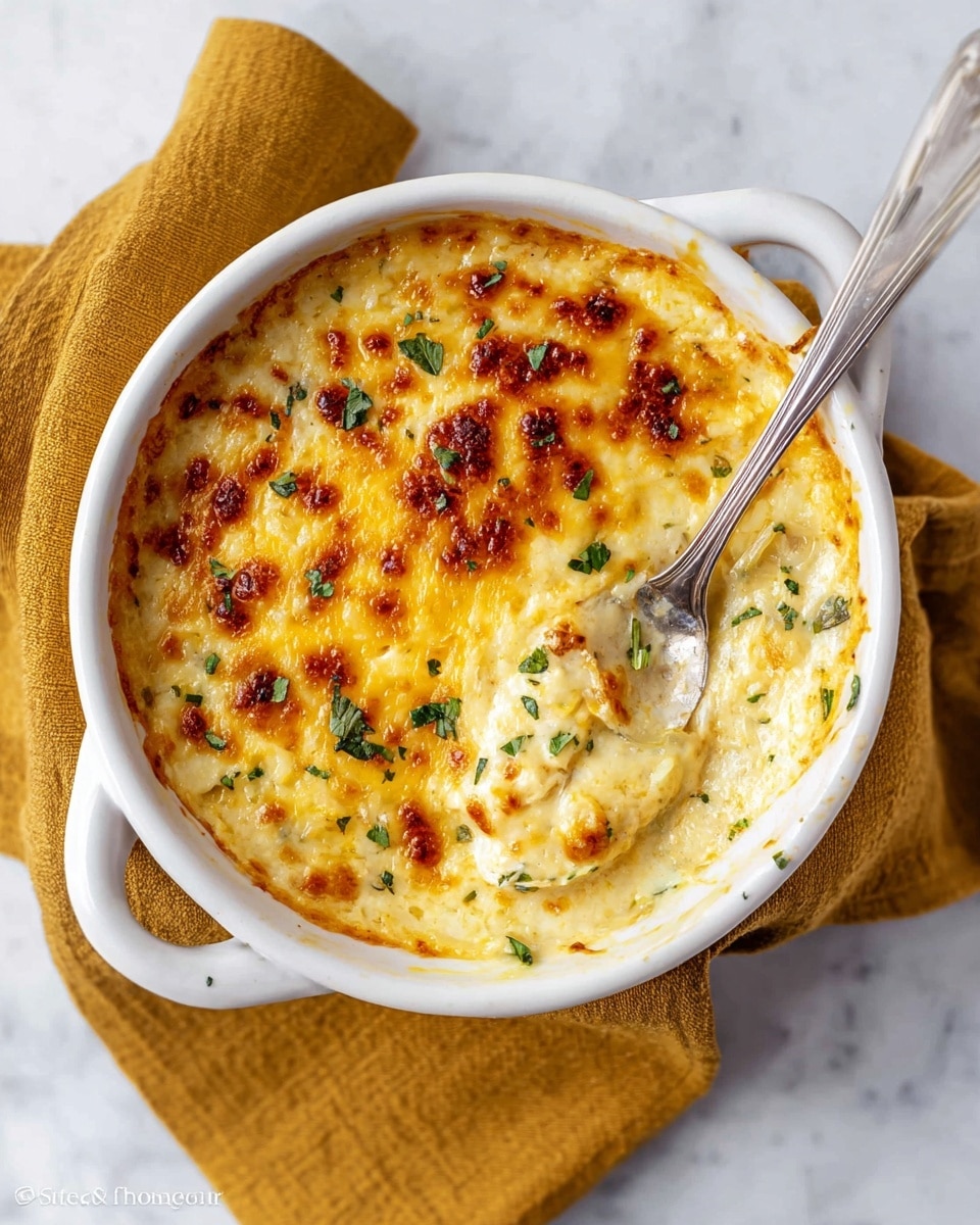 The dish is a creamy baked dip served in a white bowl with two handles, resting on a soft mustard yellow cloth against a white marbled surface. The top layer is golden brown melted cheese with bubbly spots and a slightly crispy texture, sprinkled with small green herb pieces. Beneath the cheese is a rich yellow creamy sauce mixed with bits of white onion and green herbs, visible where a silver spoon has scooped a portion, creating a smooth and thick layer. Photo taken with an iphone --ar 4:5 --v 7