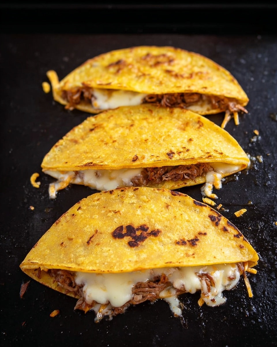 Three golden yellow corn tortillas folded in half are placed side by side on a hot black grilling surface. Each tortilla contains a melted white cheese layer partially oozing out from the edges, beneath which there is a slightly pulled brown meat filling. The tortillas have small browned spots from cooking, with some crispy bits of cheese melted onto the surface around them. photo taken with an iphone --ar 4:5 --v 7