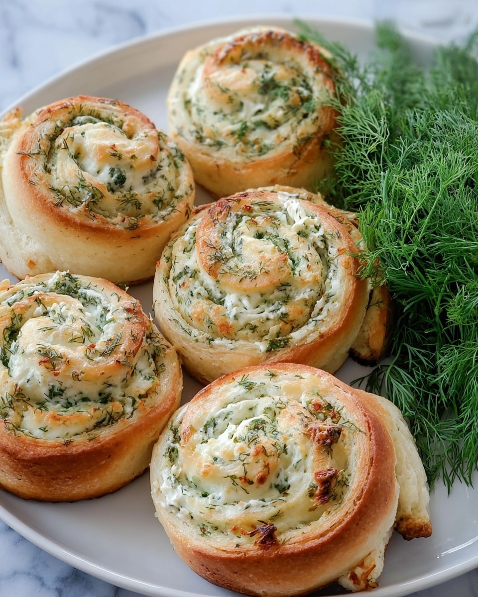The image shows five spiral-shaped rolls on a white plate, each with a golden-brown crust and swirled with a filling of creamy white cheese mixed with green herbs. The rolls have a soft, fluffy texture with lightly browned edges, and the herb filling is spread evenly in a spiral pattern, speckled with small bits of dill or similar green herbs. Next to the rolls is a small bunch of fresh green dill, adding a vibrant touch of color to the scene. The background is a white marbled surface, enhancing the fresh and clean look of the presentation. photo taken with an iphone --ar 4:5 --v 7
