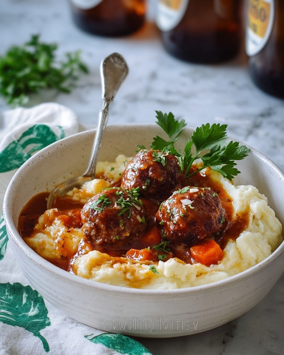 The dish shows a white bowl filled with creamy mashed potatoes as the base layer, smooth and white with slight lumps. On top is a rich, brownish-red sauce that covers part of the mashed potatoes, glossy and thick in texture. Resting above are three large, round meatballs with a browned, slightly crispy surface and a few herbs sprinkled on them. Bright orange carrot pieces are mixed in with the sauce around the meatballs. A green parsley sprig decorates the top, fresh and vibrant, with a silver spoon placed inside the bowl. The bowl sits on a white marbled surface with a white cloth featuring green leaf patterns on the side. In the background, glass bottles with blurred labels are visible, photo taken with an iphone --ar 4:5 --v 7