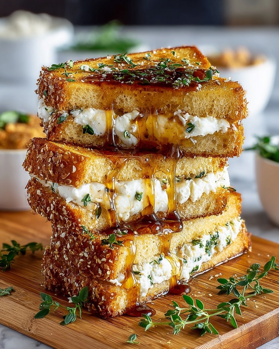 The image shows a stack of three grilled cheese sandwich layers on a wooden board, each layer made of golden-brown toasted bread with a crunchy texture. Inside each sandwich layer, there is a thick white creamy cheese filling with bits of chopped green herbs mixed in. Dark amber honey or syrup is dripping down the sides, pooling on the board, and glistening under the light. Fresh green herb sprigs are placed on top of the stack and scattered around the base. In the background, white small bowls with sauces are blurred, and the entire scene is set on a white marbled texture. Photo taken with an iphone --ar 4:5 --v 7