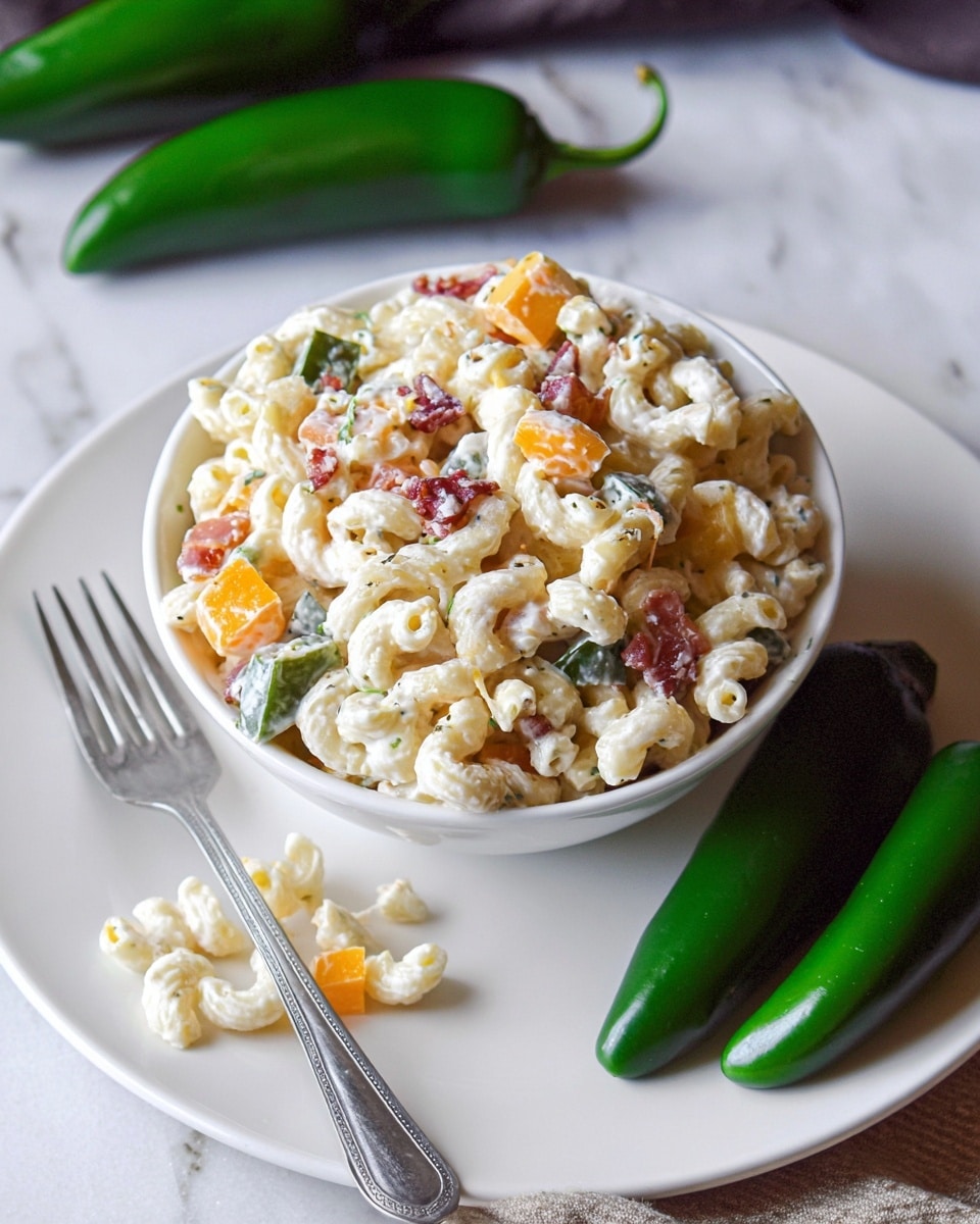 A white bowl sits on a white plate on a white marbled surface. Inside the bowl is a creamy macaroni salad with small elbow pasta pieces coated in white dressing. Mixed in are orange cheese cubes, small bacon bits in dark red, and green jalapeño slices, creating a colorful texture throughout the dish. Three whole green jalapeños rest beside the bowl on the plate, and some macaroni salad spills slightly onto the plate. A silver fork is placed nearby. Photo taken with an iphone --ar 4:5 --v 7