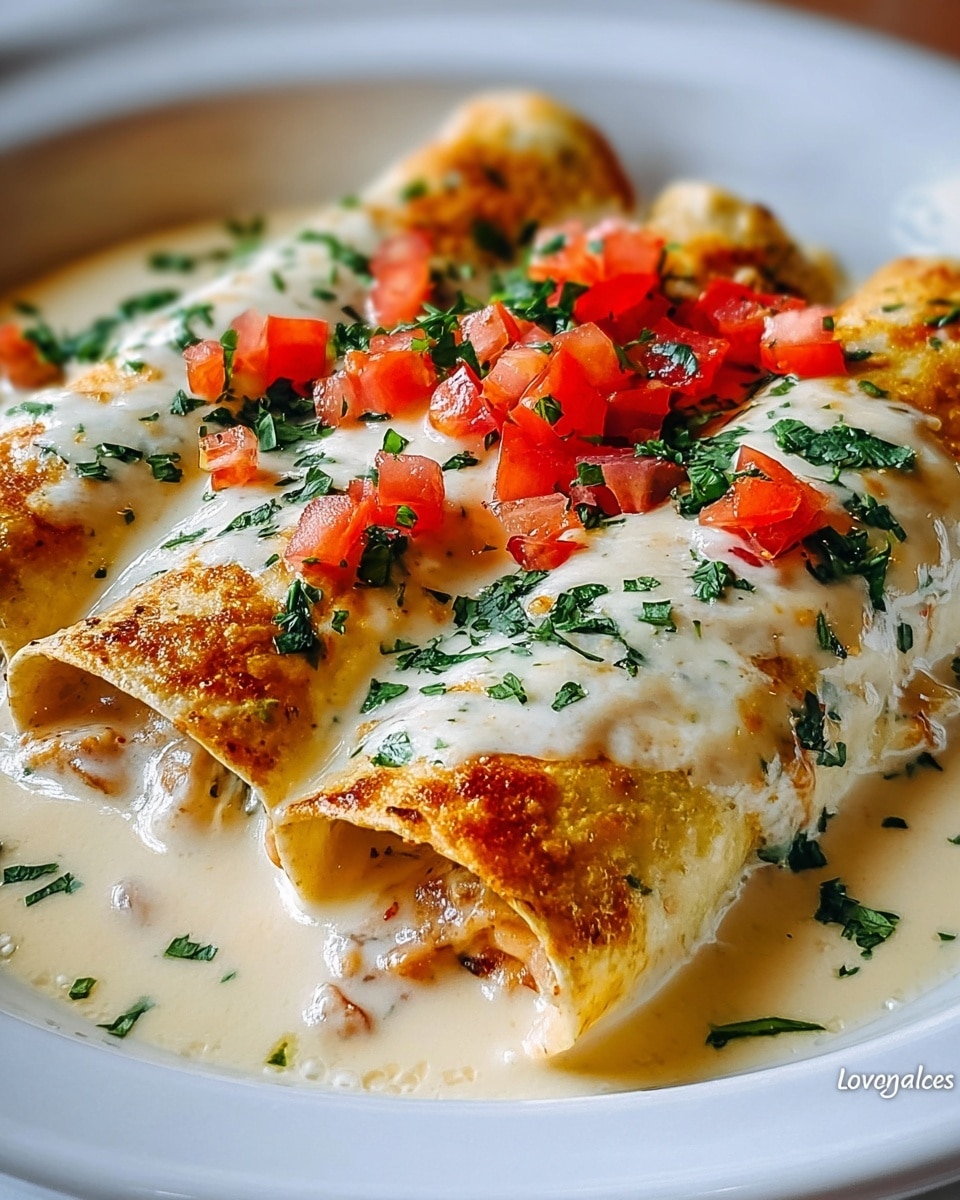 The dish shows three rolled enchiladas arranged side by side on a white plate, soaked in a creamy white sauce that covers most of the top and sides. The enchiladas have a golden, slightly toasted exterior with visible filling peeking out at the edges. On top, there are small bright red tomato cubes and finely chopped green cilantro scattered over the sauce, adding a fresh color contrast. The sauce appears smooth and rich, lightly pooling around the base of the enchiladas. The photo has a close-up focus that highlights the texture of the sauce and the vegetables on top, set against a white marbled surface. photo taken with an iphone --ar 4:5 --v 7