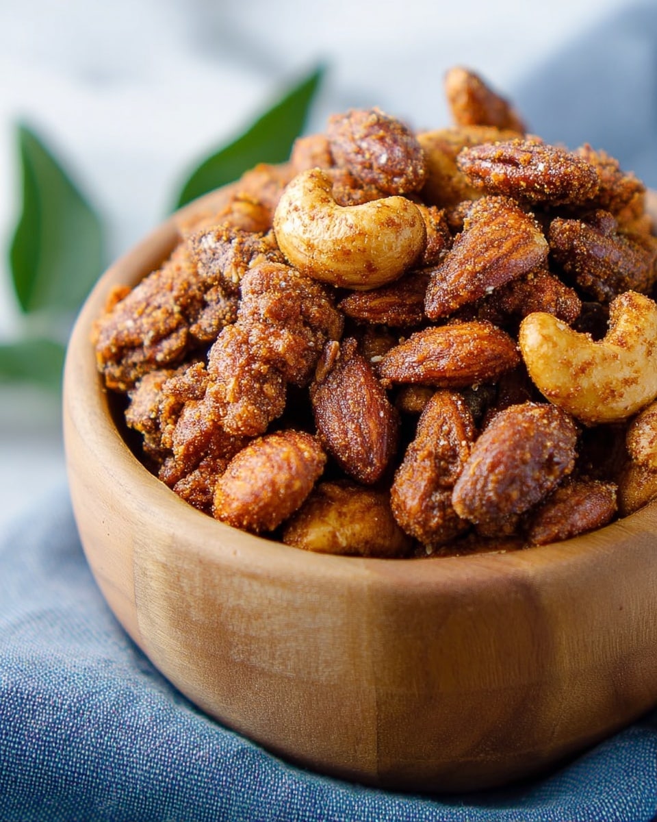 A close-up view of a small wooden bowl filled to the top with a mix of roasted nuts, including almonds and cashews, coated in a shiny spice mix that gives them a textured brown and golden color. The bowl sits on a soft bluish fabric with a faint hint of green leaf in the background, all placed on a white marbled textured surface. Photo taken with an iphone --ar 4:5 --v 7