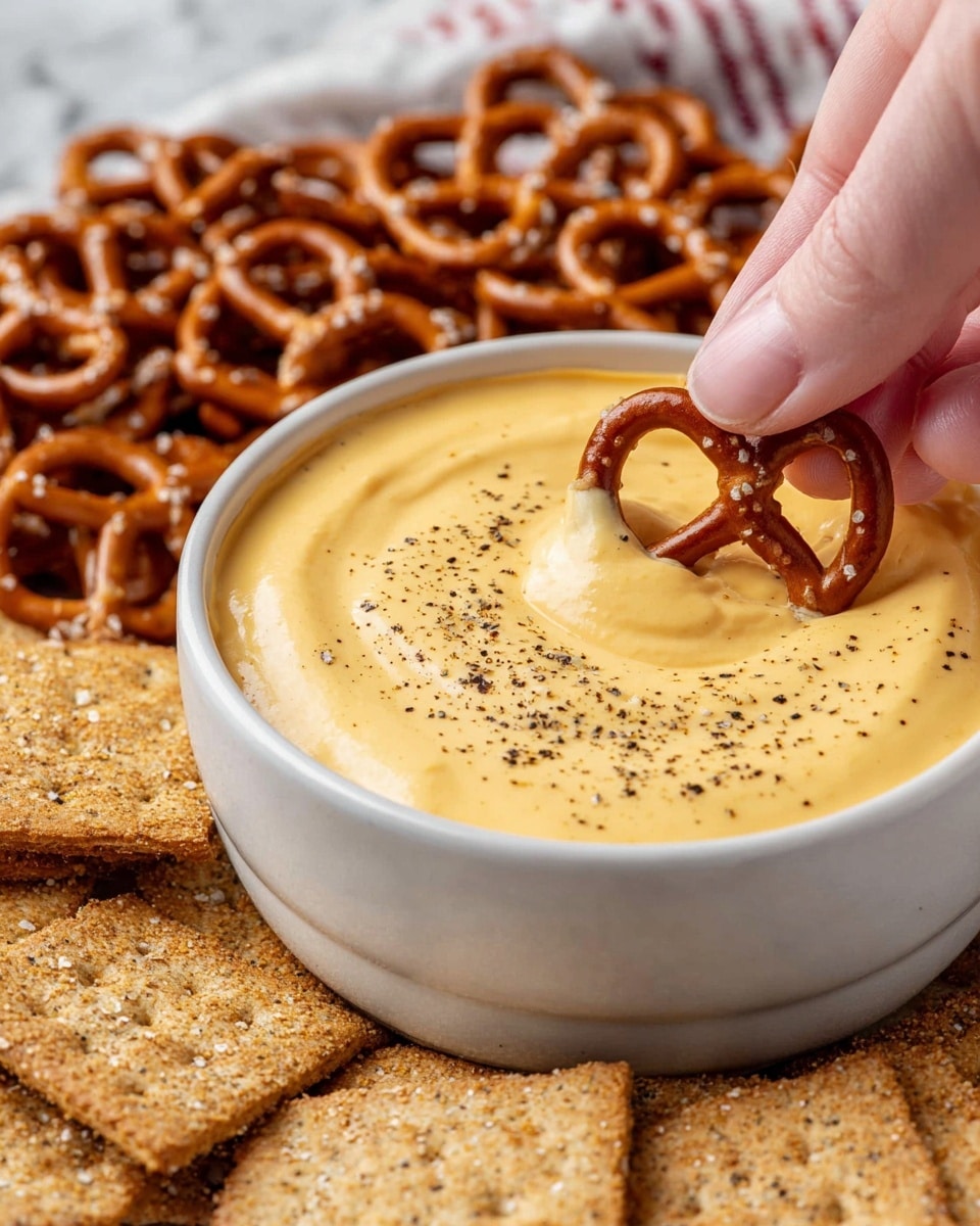 A close-up of a white cup filled with smooth, creamy yellow cheese dip sprinkled with black pepper on top, surrounded by rectangular light brown crackers with visible seeds and texture, and a pile of small, shiny brown pretzels in the background. A woman's hand is dipping a single pretzel into the cheese dip, showing the pretzel's round shape and coarse salt spots. All this is placed on a white marbled surface. photo taken with an iphone --ar 4:5 --v 7