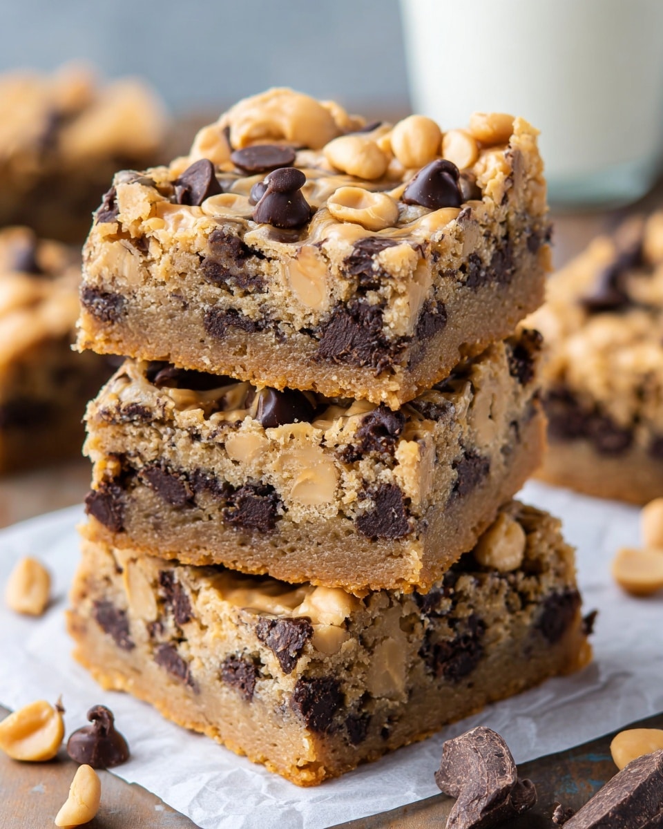A stack of four square peanut butter chocolate chip bars is shown on a white napkin. Each bar has a light brown, soft and chewy base filled with dark chocolate chips and topped with whole peanuts and peanut butter swirls, giving a textured, slightly rough surface. The bars have distinct layers, with the dense nutty top and the studded chocolate throughout the middle and bottom layers. Scattered chocolate chunks and peanuts surround the base on a white marbled texture background, adding detail to the scene. photo taken with an iphone --ar 4:5 --v 7