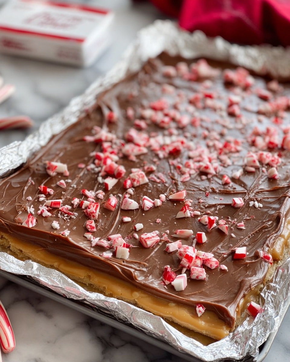 This image shows a rectangular dessert on a foil-lined baking tray. The dessert has three visible layers: the bottom layer is a pale golden caramel base, the middle layer is a light caramel creamy layer, and the top layer is smooth milk chocolate spread unevenly with visible streaks. Scattered generously over the chocolate layer are small, bright red and white pieces of broken candy cane, adding a festive touch with their rough texture. The tray sits on a white marbled surface with some blurred background elements including a white pack with red labels and a red cloth. Photo taken with an iphone --ar 4:5 --v 7