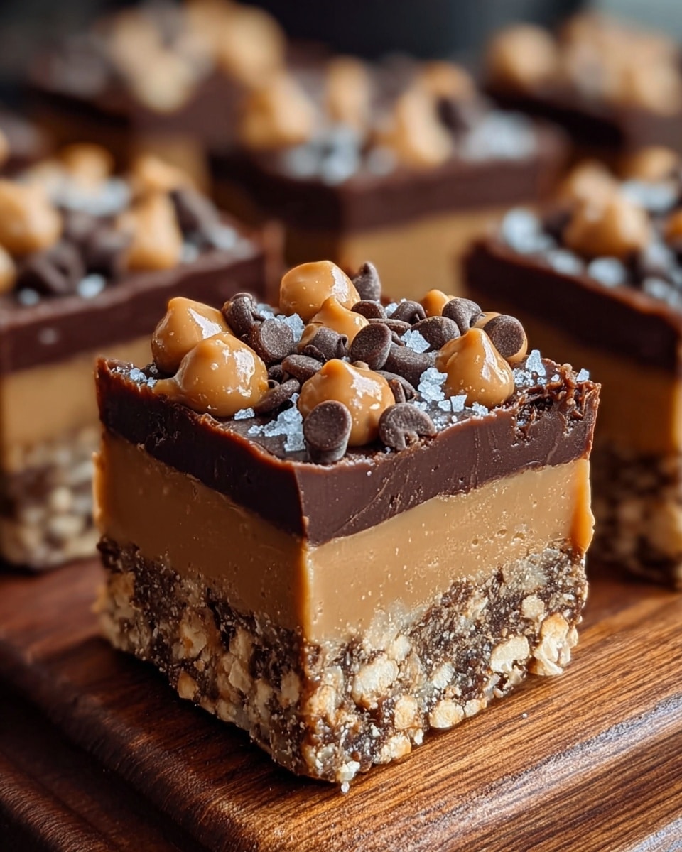 A close-up view of a square dessert bar showing four distinct layers: the bottom layer is a rough textured mix of crushed nuts and chocolate base with light and dark speckles; above it is a smooth caramel layer that glistens softly; the third layer is a thick, firm chocolate ganache that appears creamy and dense; the top layer is decorated with small dark chocolate chips, crushed caramel pieces, and sprinkled coarse salt crystals that add texture and shine. The bar is placed on a dark wooden surface with more bars blurred in the background. photo taken with an iphone --ar 4:5 --v 7