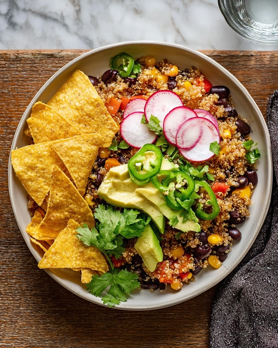 A bowl with quinoa mixed with black beans, corn, and small red and yellow pepper pieces forms the base layer. On top, there are slices of radish, green avocado chunks, jalapeño slices, green onion rings, and fresh green cilantro leaves, adding color and texture. To the side of the bowl are crispy light yellow tortilla chips arranged neatly. The bowl is white, placed on a white marbled surface, and a glass of water is visible in the upper right corner. Photo taken with an iphone --ar 4:5 --v 7
