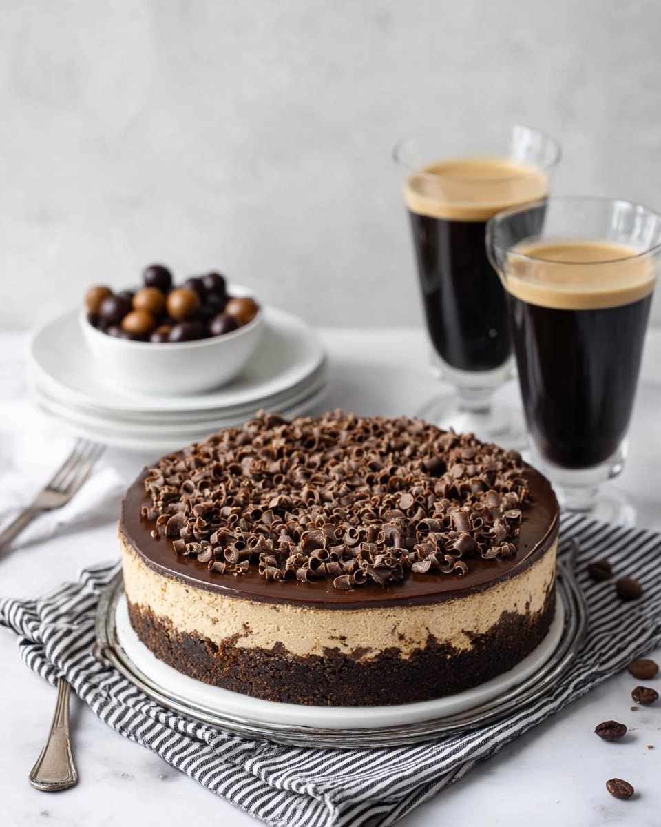 The image shows a round chocolate cake with three visible layers: a dark crumbly base, a light tan middle layer that looks creamy, and a top layer covered with glossy dark chocolate ganache, sprinkled with many small chocolate curls. The cake is placed on a white plate which is on a metal stand over a black and white striped cloth, all set on a white marbled surface. Behind the cake, there is a white plate holding a clear glass cup filled with black coffee, surrounded by dark and light round chocolate balls. Also, there are two tall clear glass cups filled with black coffee, all with light foamy tops. A woman's hand can be seen holding one fork on the left side near the cake. The background is simple and light-colored. photo taken with an iphone --ar 4:5 --v 7